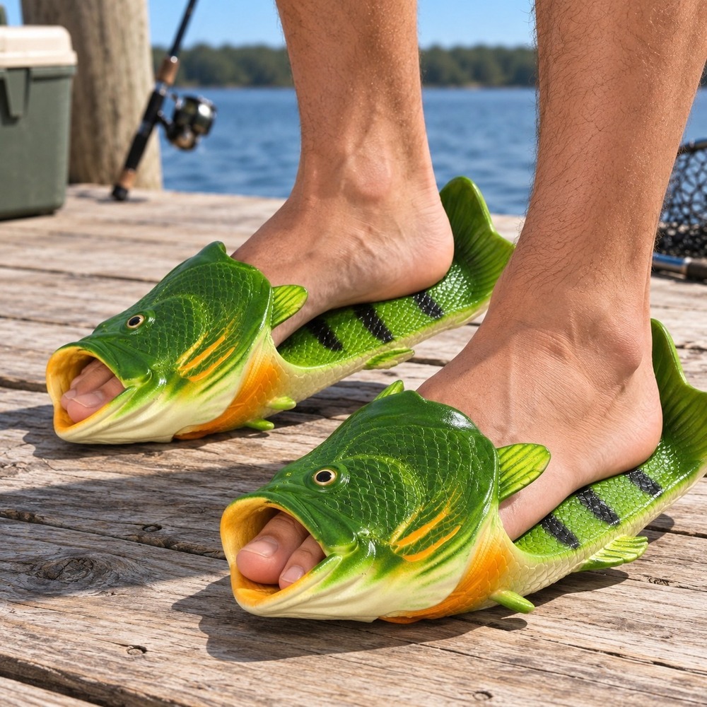 Coddies Fish Flip Flops Green Bass Men's 11.5 EU 44/45 GUC Bass Novelty